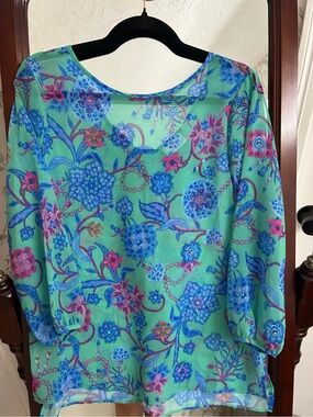 New York & Company Mint Floral Scoop Neck Top with Blue & Pink Accents